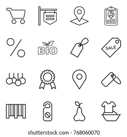 Thin line icon set : cart, shop signboard, pointer, report, percent, bio, label, sale, medal, geo pin, bar code, do not distrub, pear, handle washing