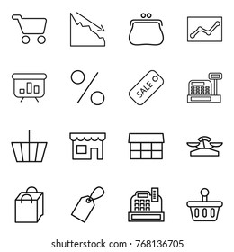 Thin line icon set : cart, crisis, purse, statistics, presentation, percent, sale, cashbox, basket, shop, market, scales, shopping bag, label