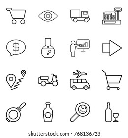 Thin line icon set : cart, eye, truck, cashbox, money message, round flask, presentation, right arrow, route, scooter shipping, transfer, pan, ketchup, viruses, wine