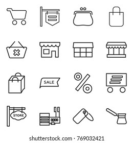 Thin line icon set : cart, shop signboard, purse, shopping bag, delete, market, sale, percent, delivery, store, mall, label, turk