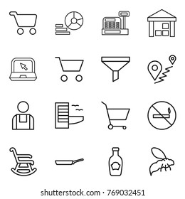Thin line icon set : cart, diagram, cashbox, warehouse, notebook, funnel, route, workman, hotel, no smoking, rocking chair, pan, ketchup, wasp