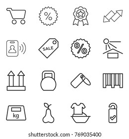 Thin line icon set : cart, percent, medal, up down arrow, pass card, sale label, sun potection, cargo top sign, heavy, bar code, pear, handle washing, please clean