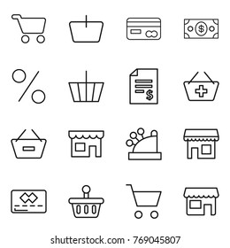 Thin line icon set : cart, basket, card, money, percent, account balance, add to, remove from, shop, cashbox, credit