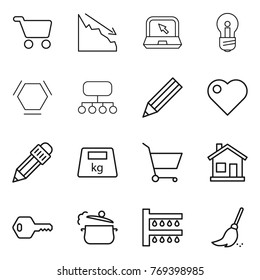 Thin line icon set : cart, crisis, notebook, bulb, hex molecule, structure, pencil, heart, heavy, home, key, steam pan, watering, broom