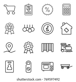 Thin line icon set : cart, report, percent, calculator, medal, sale, info, smart house, geo pin, bar code, train, identity card, do not distrub, grill oven, trailer