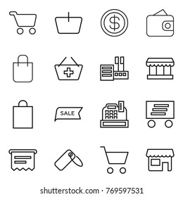 Thin line icon set : cart, basket, dollar, wallet, shopping bag, add to, store, market, sale, cashbox, delivery, atm receipt, label, shop