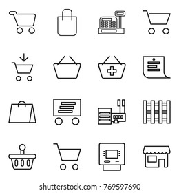 Thin line icon set : cart, shopping bag, cashbox, add to, basket, list, delivery, mall, pallet, atm, shop