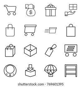 Thin line icon set : cart, money gift, shopping bag, delivery, box, label, necklace, package, parachute, rack