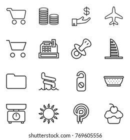 Thin line icon set : cart, coin stack, investment, plane, cashbox, nipple, skyscraper, documents, aquapark, do not distrub, colander, kitchen scales, gas oven, elecric, cupcake
