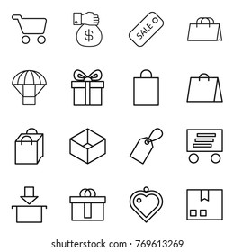 Thin line icon set : cart, money gift, sale, shopping bag, parachute, box, label, delivery, package, hi quality, heart pendant