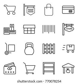 Thin line icon set : cart, shop signboard, shopping bag, credit card, store, market, bar code, cargo stoller, heavy, pallet, fast deliver, rack, warehouse