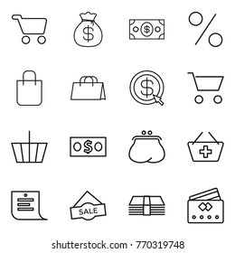 Thin line icon set : cart, money bag, percent, shopping, dollar arrow, basket, purse, add to, list, sale, credit card