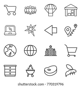 Thin line icon set : cart, team, parachute, warehouse, notebook, bang, left arrow, route, earth, globe, hotel, chest of drawers, bbq, steake, wasp