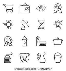 Thin line icon set : cart, wallet, eye, medal, chip, satellite antenna, dna, bang, tower, church, pan, hand mill, pig, jug, bucket