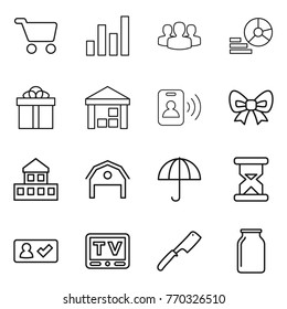 Thin line icon set : cart, graph, group, diagram, gift, warehouse, pass card, bow, cottage, barn, dry cargo, sand clock, check in, tv, chef knife, bank