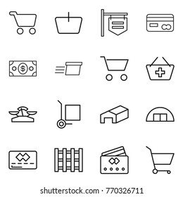 Thin line icon set : cart, basket, shop signboard, card, money, delivery, add to, scales, cargo stoller, warehouse, hangare, credit, pallet