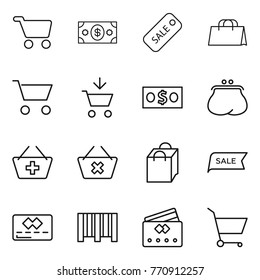 Thin line icon set : cart, money, sale, shopping bag, add to, purse, basket, delete, credit card, bar code