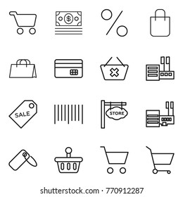 Thin line icon set : cart, money, percent, shopping bag, credit card, delete, store, sale label, bar code, signboard, mall, basket