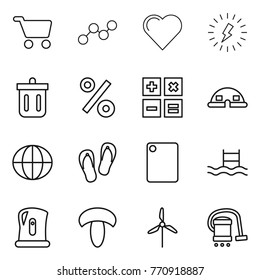 Thin line icon set : cart, graph, heart, lightning, bin, percent, calculator, dome house, globe, flip flops, cutting board, pool, kettle, mushroom, windmill, vacuum cleaner