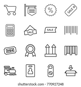 Thin line icon set : cart, shop signboard, percent, sale, calculator, bar code, ticket, medal, cargo top sign, train, identity card, do not distrub, package
