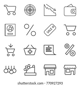Thin line icon set : cart, target, crisis, wallet, annual report, percent, sale, add to, basket, shopping list, cashbox, shop