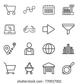 Thin line icon set : cart, graph, calendar, cashbox, notebook, smart glasses, right arrow, funnel, route, workman, globe, hotel, bbq, garage, pan