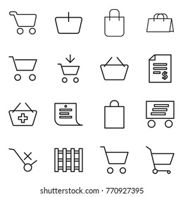 Thin line icon set : cart, basket, shopping bag, add to, account balance, list, delivery, do not trolley sign, pallet