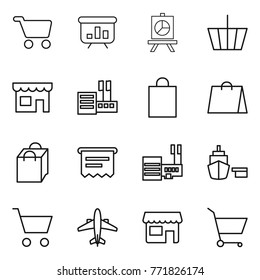 Thin line icon set : cart, presentation, basket, shop, store, shopping bag, atm receipt, mall, port, airplane