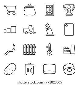 Thin line icon set : cart, purse, abacus, trophy, sorting, fork loader, stands for knives, cutting board, sickle, fence, thermometer, factory, potato, trash bin, sponge, soap