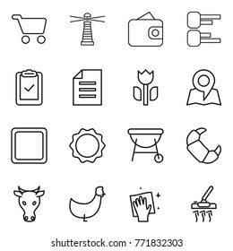 Thin line icon set : cart, lighthouse, wallet, diagram, clipboard check, document, perishable, map, cutting board, induction oven, bbq, croissant, cow, chicken, wiping, vacuum cleaner