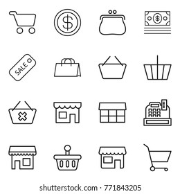 Thin line icon set : cart, dollar, purse, money, sale, shopping bag, basket, delete, shop, market, cashbox