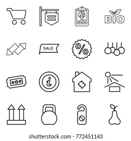 Thin line icon set : cart, shop signboard, report, bio, up down arrow, sale, percent, ticket, info, smart house, sun potection, cargo top sign, heavy, do not distrub, pear