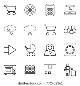 Thin line icon set : cart, target, calculator, notebook, cloude service, cloud wireless, sale, right arrow, baby stroller, map, ring button, grill oven, spices, package, garbage bin