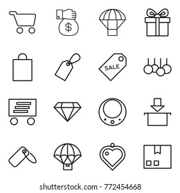 Thin line icon set : cart, money gift, parachute, shopping bag, label, sale, delivery, diamond, necklace, package, heart pendant