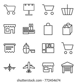 Thin line icon set : cart, billboard, basket, shop, store, shopping bag, atm receipt, port, consolidated cargo, plane, airplane, garage