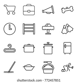 Thin line icon set : cart, portfolio, loudspeaker, bone, clock, rack, restaurant, flippers, hanger, pan, fridge, rake, foam basin, washing powder, vacuum cleaner