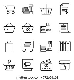 Thin line icon set : cart, cashbox, basket, account balance, remove from, delete, store, shopping list, bag, delivery, mall, pallet, atm, credit card, shop