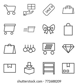 Thin line icon set : cart, gift, sale, shopping bag, delivery, bow, diamond, package box, rack