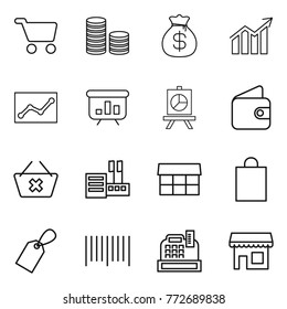 Thin line icon set : cart, coin stack, money bag, diagram, statistics, presentation, wallet, delete, store, market, shopping, label, bar code, cashbox, shop
