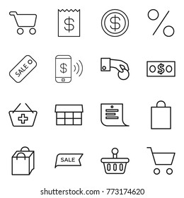 Thin line icon set : cart, receipt, dollar, percent, sale, phone pay, hand coin, money, add to basket, market, shopping list, bag