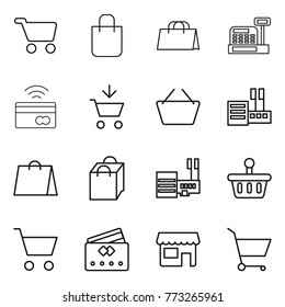 Thin line icon set : cart, shopping bag, cashbox, tap to pay, add, basket, store, mall, credit card, shop