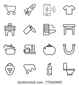 Thin line icon set : cart, rocket, phone pay, t shirt, arch, label, hotel, stool, steam pan, coffee maker, tomato, horseshoe, strawberry, spot, toilet cleanser