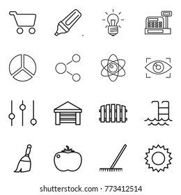 Thin line icon set : cart, marker, bulb, cashbox, diagram, molecule, atom, eye identity, equalizer, garage, fence, pool, broom, tomato, rake, sun