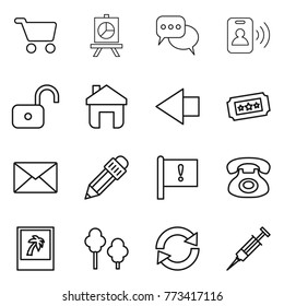Thin line icon set : cart, presentation, discussion, pass card, unlock, home, left arrow, ticket, mail, pencil, important flag, phone, photo, trees, reload, syringe