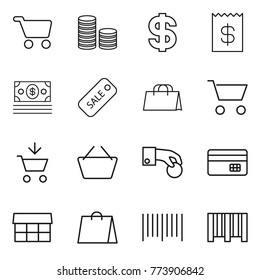 Thin line icon set : cart, coin stack, dollar, receipt, money, sale, shopping bag, add to, basket, hand, credit card, market, bar code