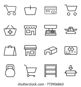 Thin line icon set : cart, basket, card, add to, shop, market scales, shopping bag, warehouse, credit, heavy, rack, package