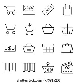 Thin line icon set : cart, money, sale, shopping bag, add to, basket, remove from, market, bar code, credit card