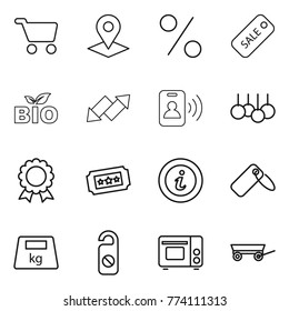 Thin line icon set : cart, pointer, percent, sale, bio, up down arrow, pass card, medal, ticket, info, label, heavy, do not distrub, grill oven, trailer