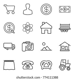 Thin line icon set : cart, man, dollar, money, arrow, atom, home, truck shipping, camera, landscape, curtain, phone, pretzel, tractor