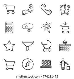 Thin line icon set : cart, investment, phone, alarm clock, calculator, cloude service, bang, add to, star, funnel, baby stroller, university, electricity, spices, garbage bin